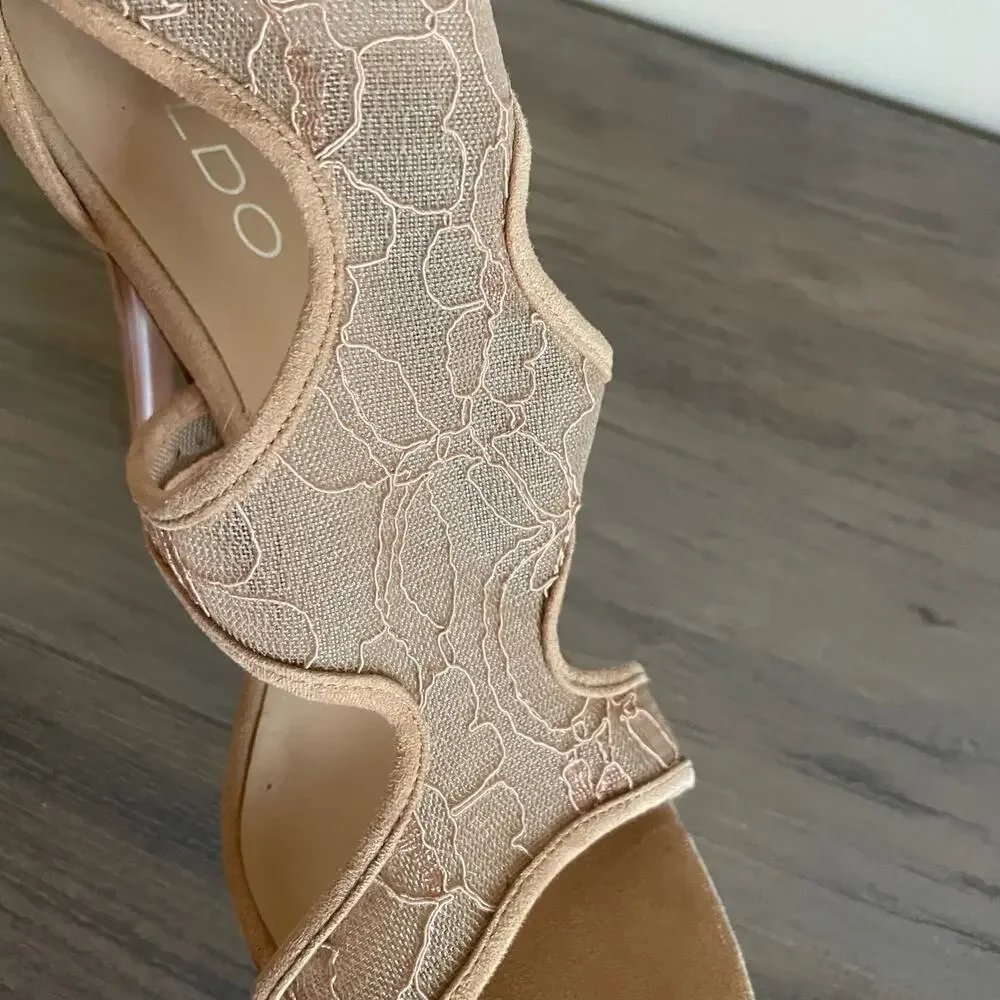 ALDO Womens 8 Nude Lace Mesh Cutout Stiletto Heels Back Zip Sandals
